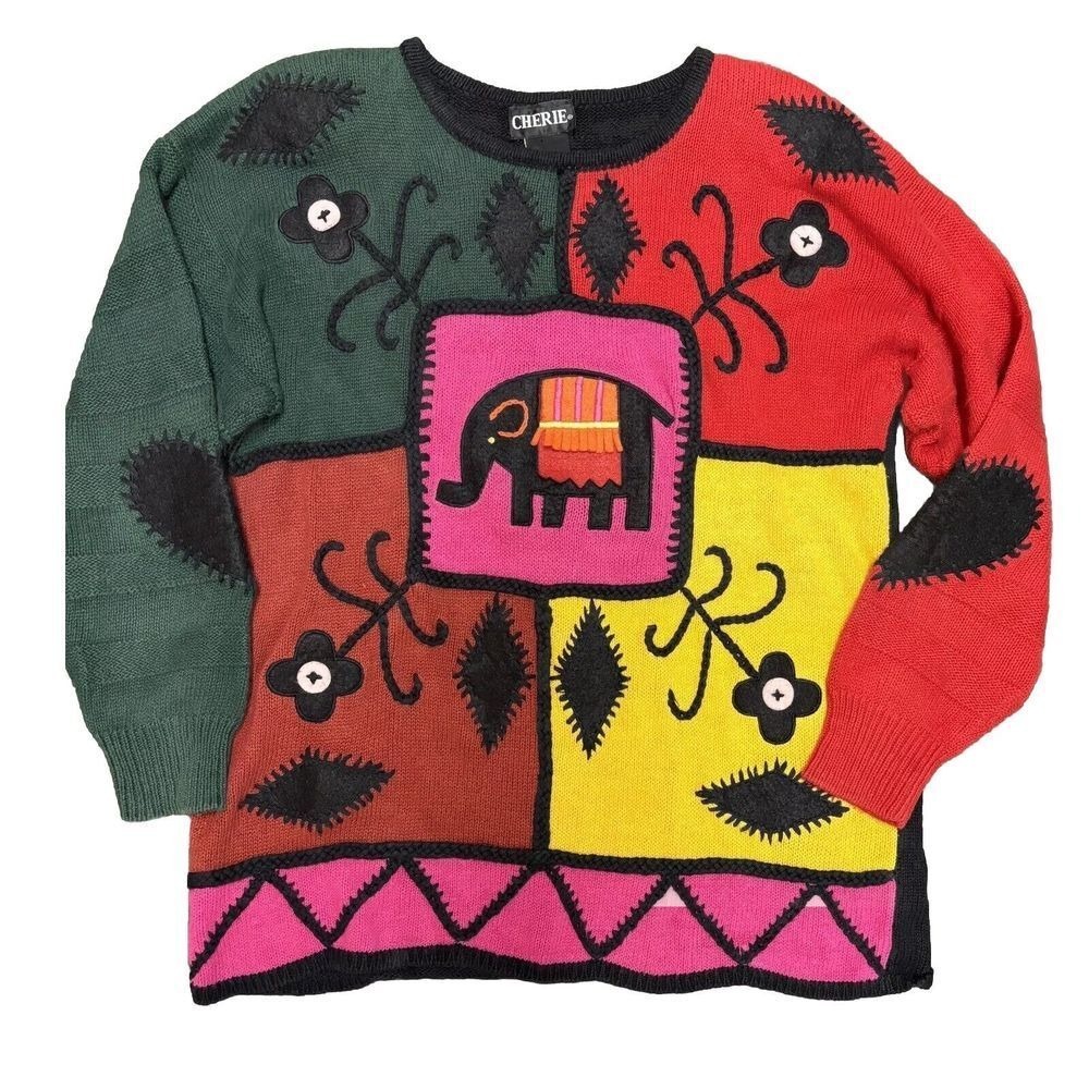 Elephant Novelty Sweater Womens L Knit Colorblock Embroidery Eclectic‎ Abstract
